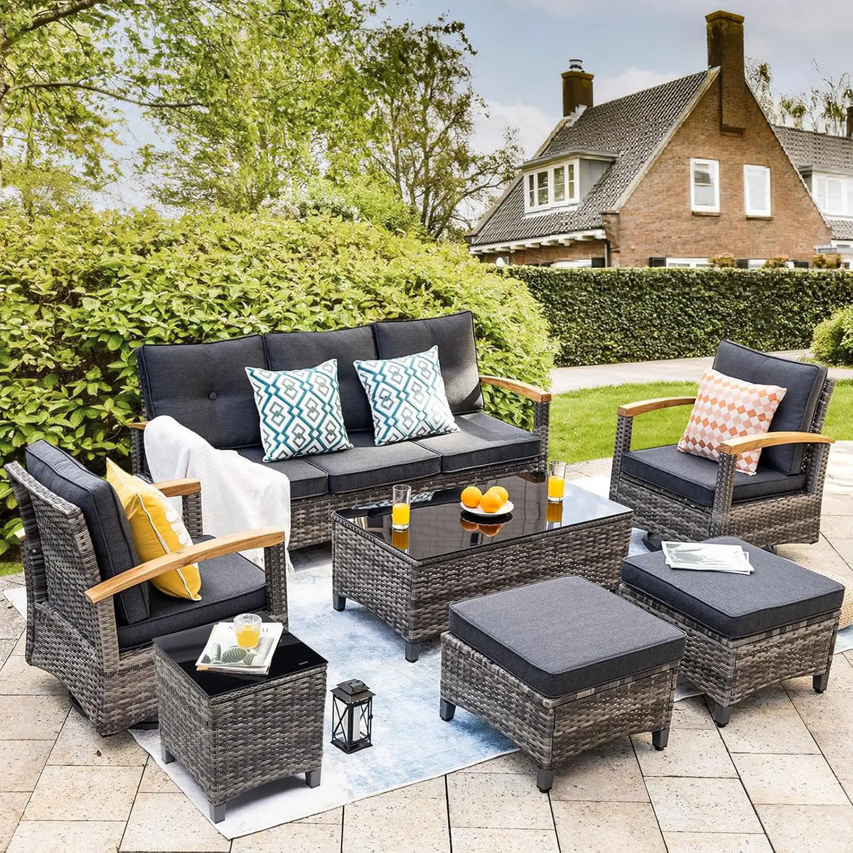 7-Piece Outdoor PE Wicker Patio Set with Swivel Rocker Chairs