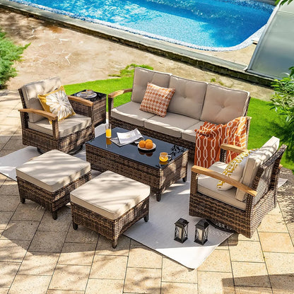 7-Piece Outdoor PE Wicker Patio Set with Swivel Rocker Chairs