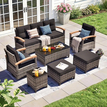 7-Piece Outdoor PE Wicker Patio Set with Swivel Rocker Chairs
