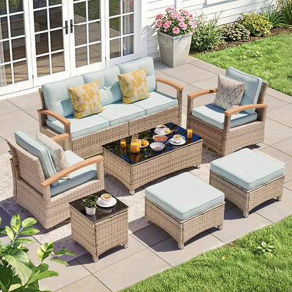 7-Piece Outdoor PE Wicker Patio Set with Swivel Rocker Chairs
